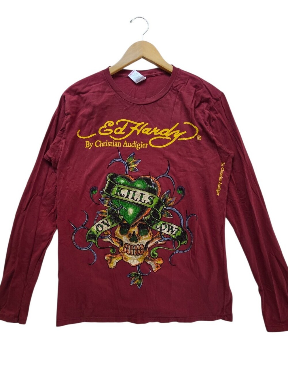Ed Hardy "Love Kills Slowly" Script and Skull Graphic rhinestone-encrusted